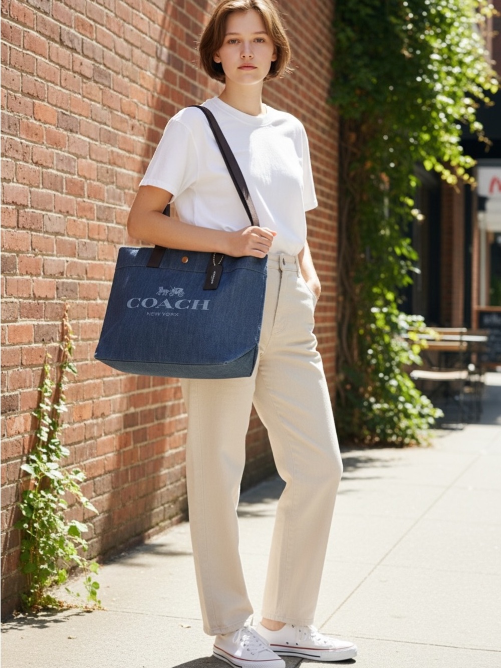 Coach Denim Logo Tote in Blue with Dark Brown Handles and Coach Wallet - Picture 9 of 15